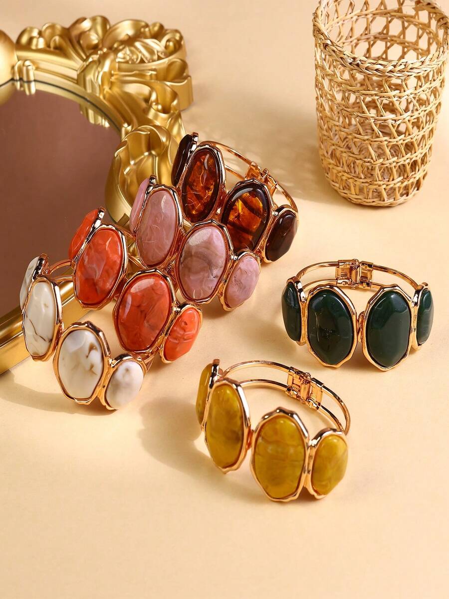 1 件时尚树脂开口手镯，适合女士，复古不对称扎染设计，优雅的礼品珠宝配饰，适合日常佩戴、派对、旅行 - KB534-4 - 查看 1