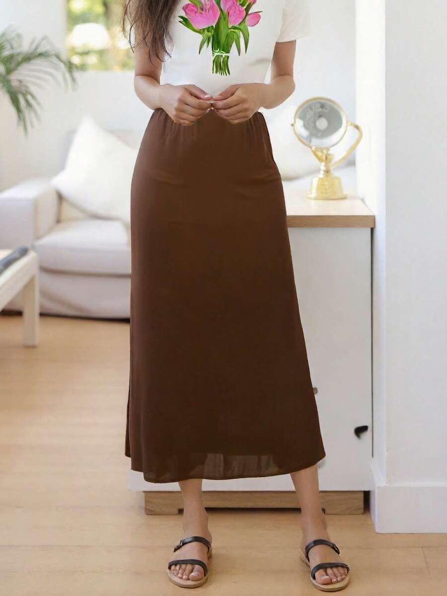 Women's Summer High Waist Skirt Solid Color Long Satin Skirt For Travel, Beach, Shopping - 摩卡棕 - 查看 1