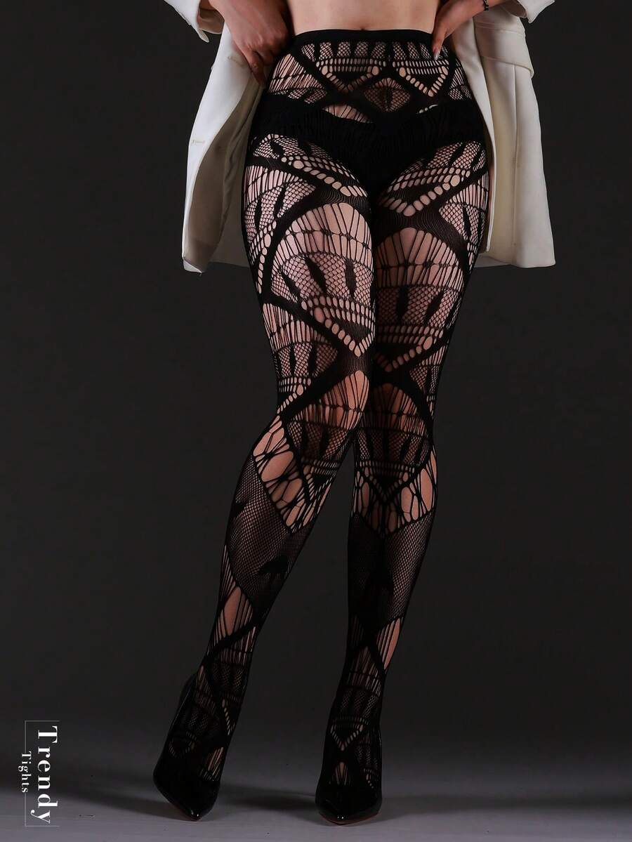 [DazzleLegs] 1件装女士加大码渔网袜，哥特朋克摇滚复古风弹力透明网眼长袜，镂空几何图案，百搭打底裤，适合万圣节、圣诞节及所有季节 - 黑色 - 查看 1