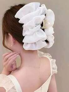 1个女士纯色亮面欧根纱超大蝴蝶结发夹，优雅时尚配饰，适合日常佩戴（发夹尺寸：13厘米-15厘米），优雅爪夹，节日必备发饰 - 白色 - 查看 3