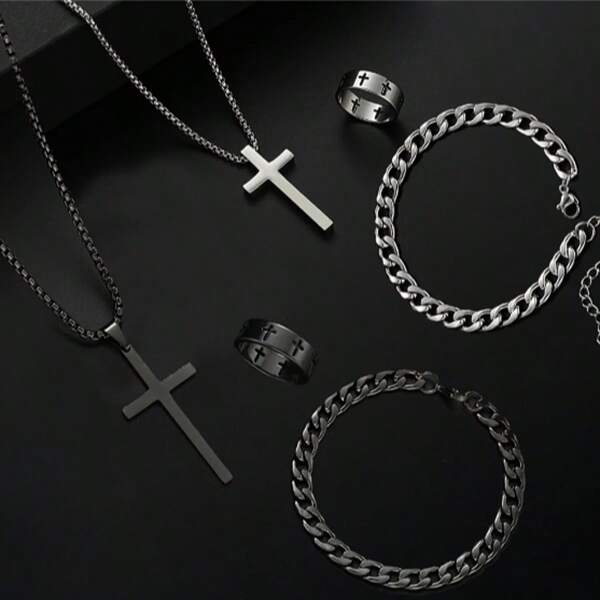 Conjunto de 3 peças de pingente de cruz de metal em aço inoxidável masculino, colar, pulseira, anel, conjunto de joias, acessórios de uso diário para hip hop masculino