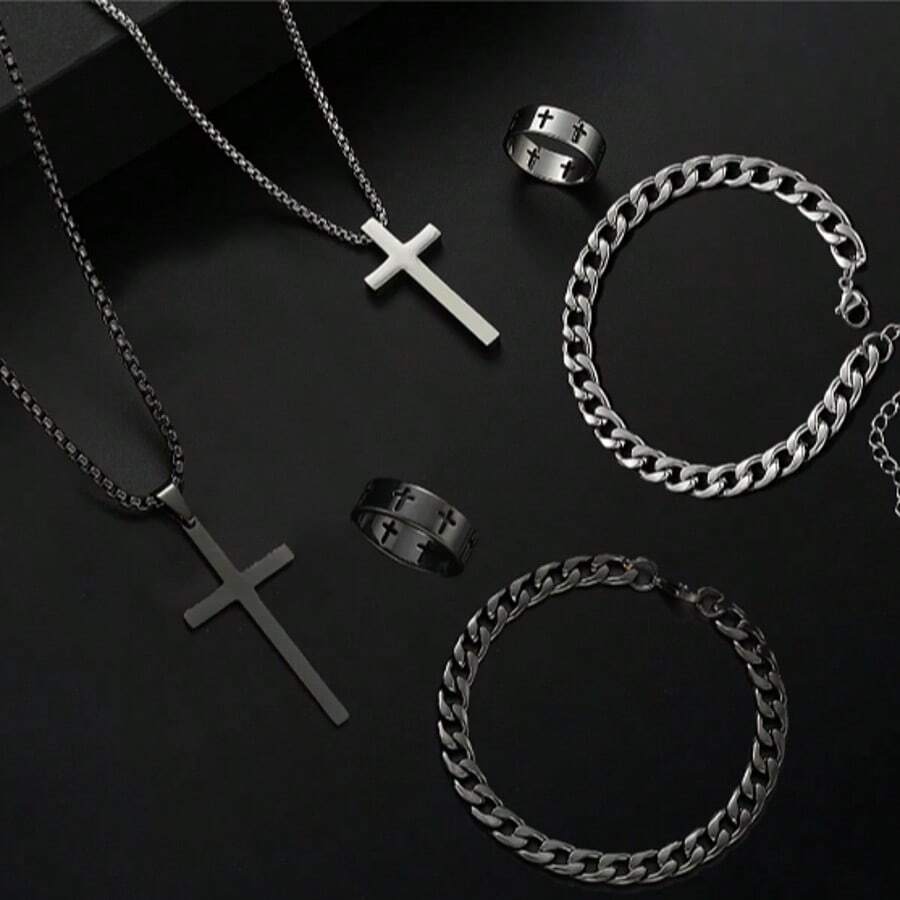 Conjunto de 3 peças de pingente de cruz de metal em aço inoxidável masculino, colar, pulseira, anel, conjunto de joias, acessórios de uso diário para hip hop masculino