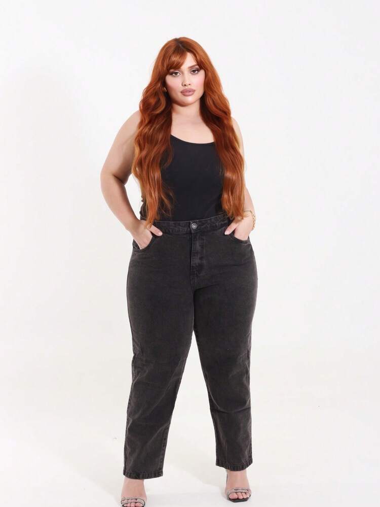 CHARME INFINITO MODA Calça Jeans Mom Básica Plus Size Cintura Alta CasualSimples    Zíper  Bolso  Botão - preta marmorizada - Visão 1