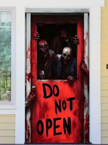 1pc Horror Zombie Theme Door Curtain, Red Door With "DO NOT OPEN" Text, Scary & Realistic Zombie Graphic, Blood Splatter Decor, Made Of Polyester, Suitable For Halloween Decor, Escape Room Setting, Horror Party & Haunted House Atmosphere