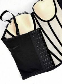 Women Floral Black Lace Trim Corset Overbust Waist Cincher Bustier Top