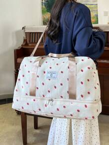 Bolsa de Viagem Overnight com Estampa de Morango em Veludo Corduroy, Bolsa Esportiva de Ginástica de Grande Capacidade para Yoga, Bolsa de Fim de Semana com Compartimento Seco e Úmido Separado e Compartimento para Sapatos, Bolsa de Ombro Casual e Portátil Adequada para Negócios, Férias, Outdoor, Esqui, Fitness, Proteção Laboral e Entrega, Acessórios Escolares