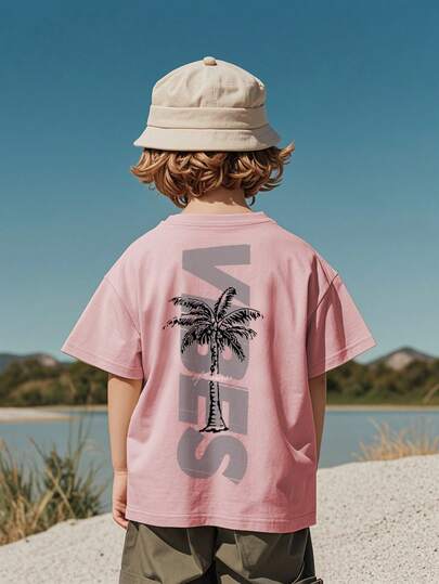 Summer Casual Printed Crew Neck Short Sleeve T-Shirt, Suitable For Boys And Children - Coconut Tree Holiday - Get The Matching T-Shirt For Your Friends Who Are Preparing For An Exploration Trip! Young Boy Graphic T-Shirt, Boys Clothing