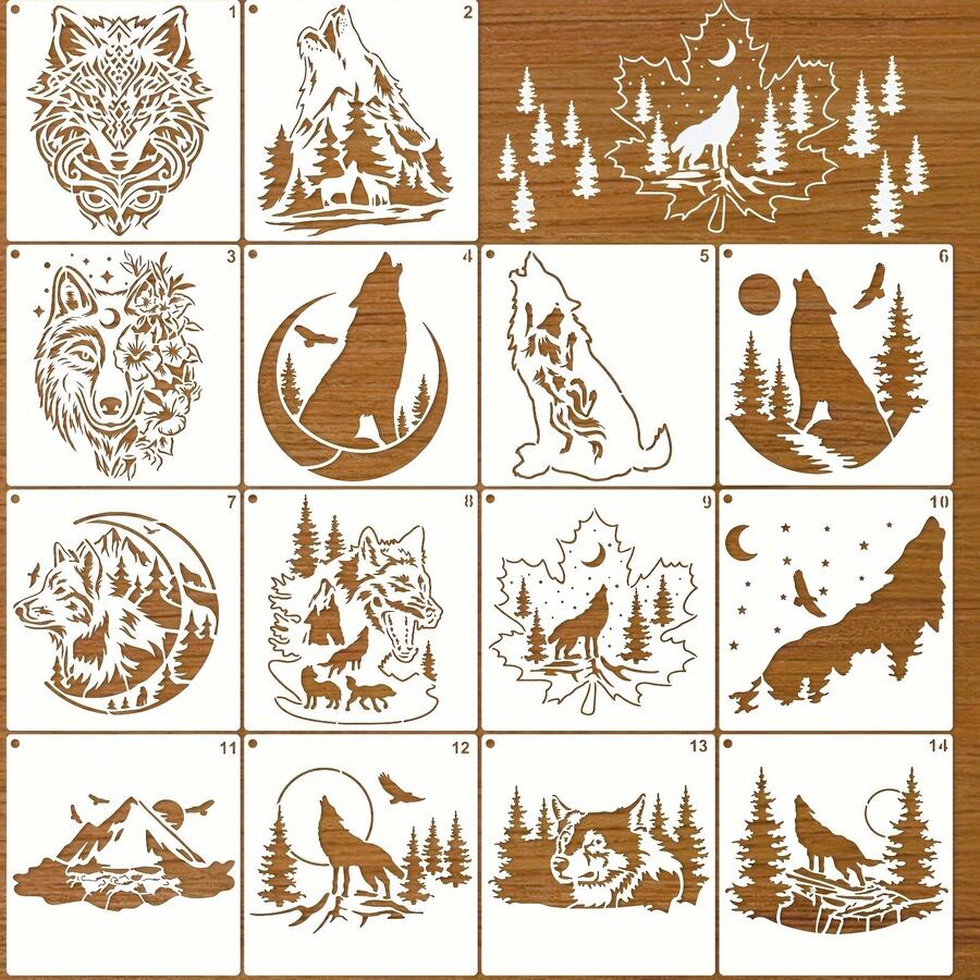 14 Peças Modelos de Pintura de Cabeça de Lobo Uivando, Modelos de Plástico Reutilizáveis para Rocha, Pintura a Óleo, Parede, Azulejo, Camisa, Tela, Decoração de Casa