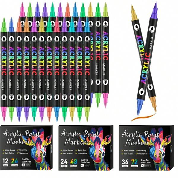 Juego de bolígrafos de marcador acrílico de doble cabeza y doble color de alta calidad, 12 piezas (24 colores) / 24 piezas (48 colores) / 36 piezas (72 colores), inodoro, resistente al agua, secado rápido, marcador permanente apto para pintura de rocas, madera, lienzo, plástico, metal, piedra y superficie textil, arte y grafiti ideales para manualidades DIY, regalos de Acción de Gracias, Pascua, Navidad, útiles escolares, vuelta al cole