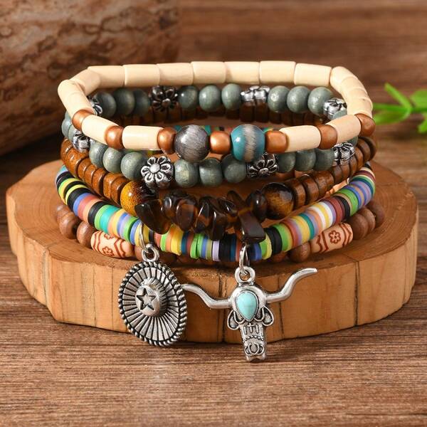 5pcs Summer New Men's Bohemian Style Beaded Bracelet, Multi-Color Vintage Design, Suitable For Daily Wear, Gift For Friends And Family