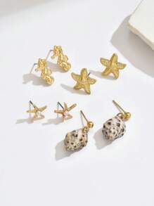3 Pairs Women Vintage Ocean Themed Seahorse, Starfish, Shell Stud Earring Set, Suitable For Beach & Holiday Wear