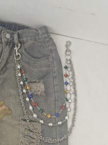 Corrente de Calça com Três Camadas de Pérolas e Strass Colorido, Ícone da Moda Acessório de Cintura Luxuoso, Minimalismo, Joias Hip Hop, Produto com Corrente Multicolorida Enviada Aleatoriamente