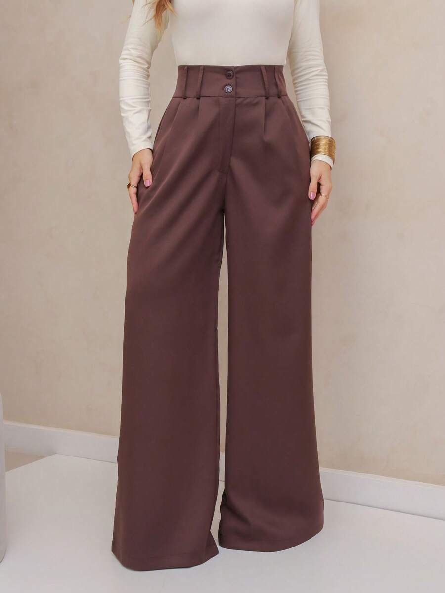 YING ZI Stone Mode Formal Tailored Wide Leg Trousers - Dark Brown - View 1