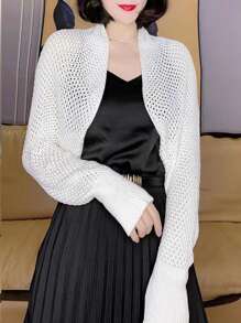 1pc Women Honeycomb Sleeve Shawl, Knitted Hollow Out Collar Cardigan, Fashion Shawl For Gather And Daily Wear, Spring/Summer