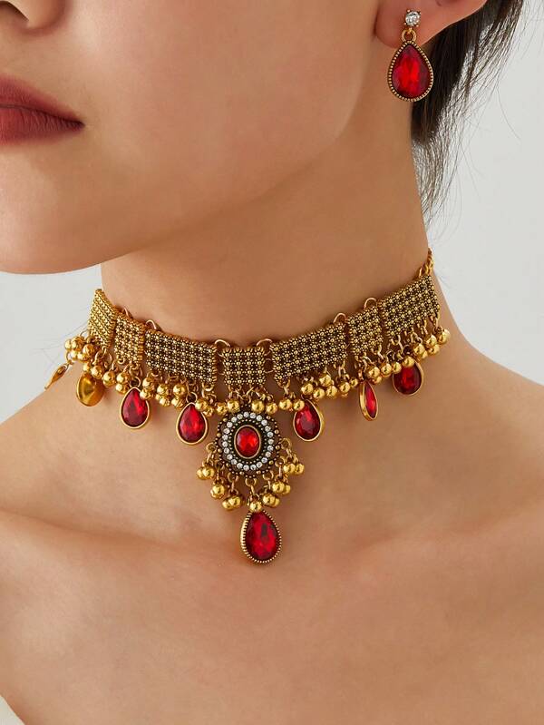 1 Set Fashionable & Elegant South Asian Style Teardrop Pendant Necklace And Simple Teardrop Earrings, Suitable For Parties, Daily Wear, Gifts