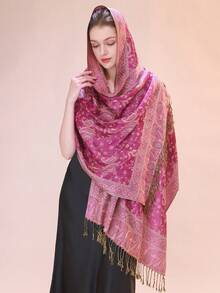 1件 68*200厘米 女士多色复古提花佩斯利波西米亚风长流苏防风披肩围巾，适合日常外出、旅行和拍照，波西米亚风，时尚设计师新款优雅系列礼物，婚礼新娘伴娘披肩旅行 - 藍色 - 查看 6