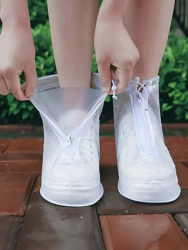 1 Pair White Transparent Plastic Drawstring Waterproof Rain Shoe Covers, Various Sizes, Non-Slip, Waterproof And Dustproof Reusable Shoe Covers, Outdoor Accessories, Suitable For School, Office, Home, Travel, Shoe Storage
