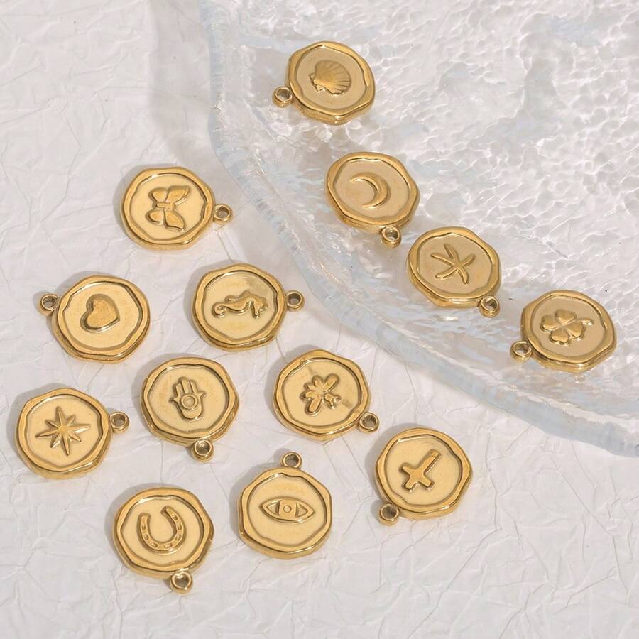 5 piezas de Colgantes redondos, de corazón y de flor de mariposa con baño de oro de 18k de acero inoxidable 304, accesorios de joyería de acero inoxidable para mujer Pendientes DIY