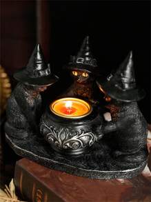 1pc Three Black Mysterious Wizard Cat Candlesticks, Dark Retro Style Decorative Candlestick Ornaments, Halloween Candlesticks, Home Kitchen Table Decorations, Festive Atmosphere Decorative Candlesticks, Halloween Decorations, Suitable For Kitchen, Dining Room, Bedroom, Living Room, Haunted House