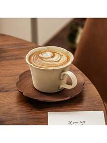 1 pièce Tasse à café en céramique texturée florale de 200 ml avec sous-tasse en bois, tasse à latte de haute qualité, ensemble créatif de tasse et soucoupe à thé, micro-ondes et lave-vaisselle, convient pour la maison, le bureau, le café