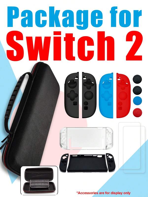 1 Stück große Kapazität tragbare Spielekonsolen Kassetten Aufbewahrungstasche geeignet für Switch2 Griff Tasche Set, echte Maschinenform, harter Kunststoff transparenter Schutzmantel, komplette Silikon geteilte Abdeckung links und rechts, HD gehärteter Film Bildschirmschutz, Joystick Kappe, komplettes Zubehörset