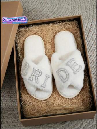 新娘拖鞋，温暖舒适的露趾拖鞋，适合新娘派对、单身派对和婚礼当天平底交叉白色趾环凉鞋