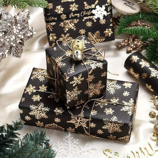 1 rouleau / 2 rouleaux de papier cadeau gaufré à motif de flocons de neige et de rennes, en lin 3D texturé or et noir, de 17 pouces sur 10 pieds, parfait pour les cadeaux de fêtes et les célébrations, emballage cadeaux | motif de fête | emballage premium, fournitures d'emballage
