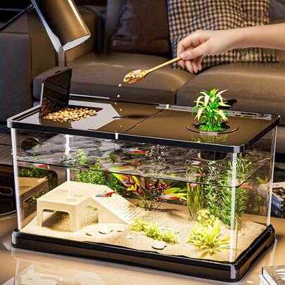 Covered Fish Tank Home Use Turtle Feeding Small/Medium Aquarium Transparent Goldfish Tank Aquatic Plant Decor Desktop Turtle Tank