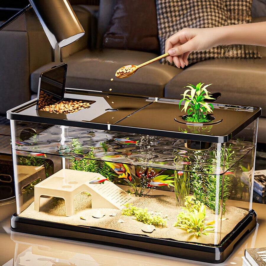 Acuario cubierto para uso doméstico, con alimentador de tortugas, acuario pequeño/mediano transparente para peces de colores, decoración de plantas acuáticas, acuario de escritorio para tortugas