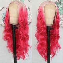 13x4 HD Lace Front Wig Ombre Pink Red Color Long Body Wave Synthetic Hair 180% Density Pre-Plucked Glueless Red Ombre Colored Long Wavy Hair 26 Inch Free Part Soft Natural Look For Women Versatile Styling Options - 漸層粉紅色 - 查看 4