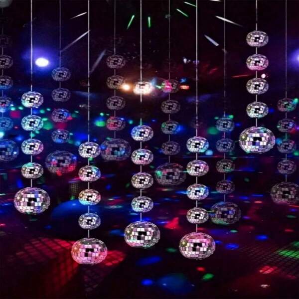 5pcs/Set Mirror Disco Balls/Strips On String, Disco Themed Birthday Party Hanging Decor, Holiday Theme Party And Birthday Decorations, Disco Music Theme Party For Christmas Ball Ornaments, Clubs, Weddings And Music Festivals, Home Decor, Disco Ball Tree Decorations