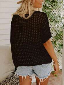 Jersey de mujer con cuello redondo y manga corta con efecto calado, adecuado para usar como cubierta en resort y playa, para primavera y verano - Negro - Ver 4