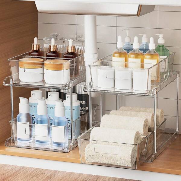 2 Tier Clear Pull-Out Home Organizer, Multi-Purpose Stackable Bathroom Organizer With Dividers, Vanity Counter Tray, Kitchen, Closet Organizers, Cabinet & Storage Container Bins, MultiUse Slide-Out Storage Container