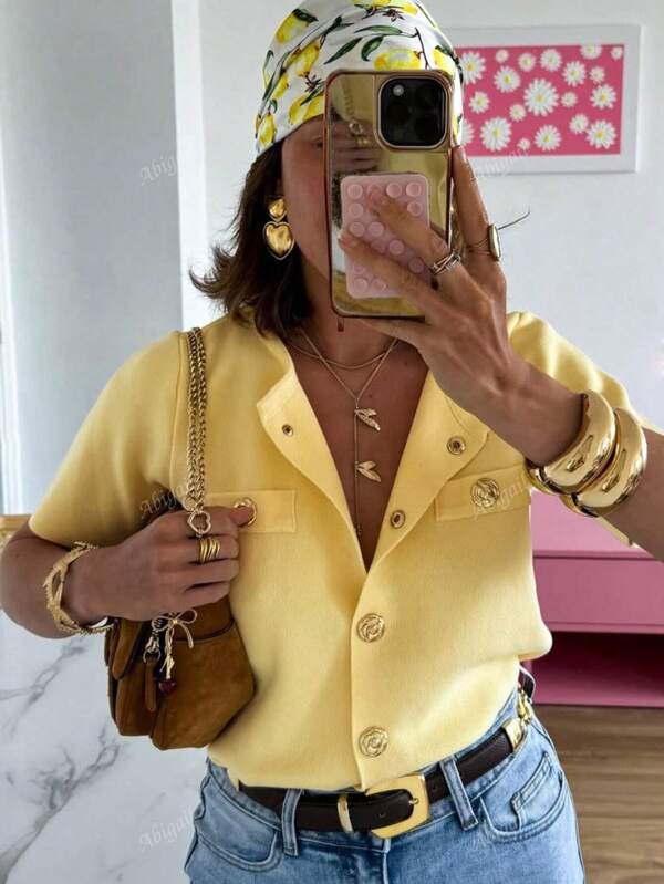 Spring And Summer Women's Fashion Casual Commuter Cream Yellow Fake Pockets Short Sleeve Round Neck Metal Button Cardigan Brunch Women's Matching