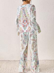 Conjunto de salón mujer estilo bohemio con estampado de cachemir transparente, top de manga larga y pantalones anchos con bolsillo, conjunto de dos piezas para el otoño
