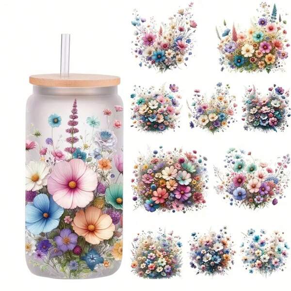 5 piezas de papel transferible de vidrio con diseño floral, de 16oz - Calcomanías autoadhesivas UV DTF vibrantes para tazas de café y frascos con tapas de madera, con flores coloridas y follaje verde, accesorios de café