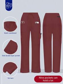 Women's Scrub Pants, Comfortable Pants, Solid Color Simple Multi-Pocket Pants Spring - Burgundy - View 1