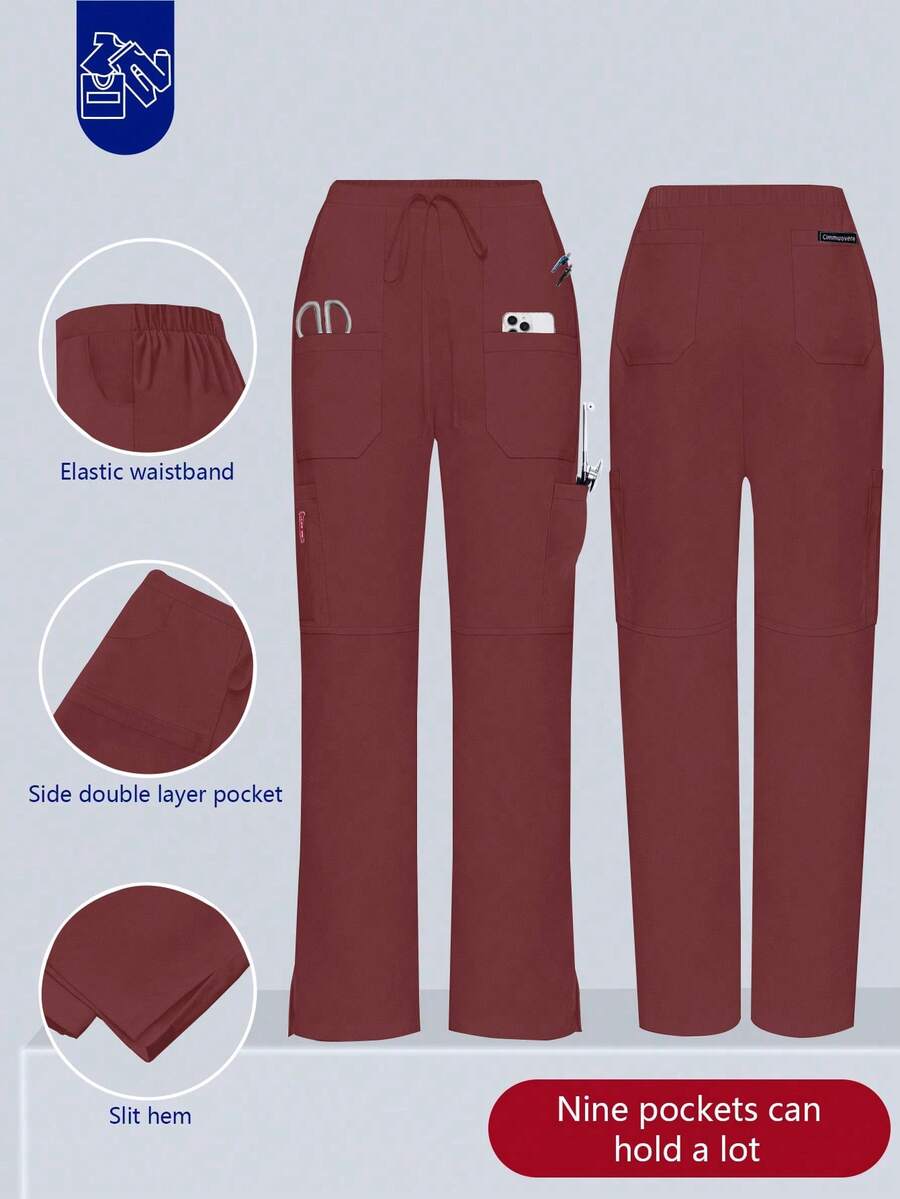Women's Scrub Pants, Comfortable Pants, Solid Color Simple Multi-Pocket Pants Spring - Burgundy - View 1