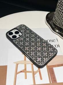 1pc Black Rhombus Studded Phone Case, Oil Painting Texture Anti-Drop Bling Phone Cover Suitable For IPhone 16 Pro Max/13/14 Pro/15 Plus