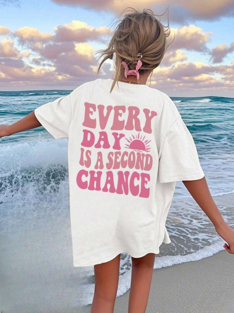 Femmes T-shirt à col d'équipage décontracté avec imprimé slogan, manches courtes, Top de style vacances mode - Blanc - Voir 1