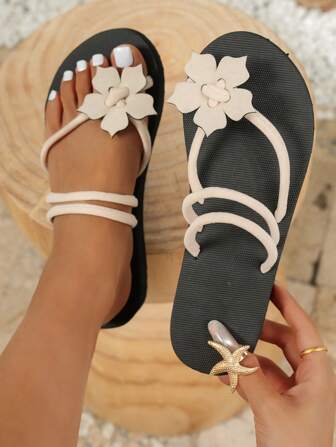 Women Elegant Floral Flat Sandals, Reversible Comfortable Indoor Slippers, Lightweight Beach Flip Flops
