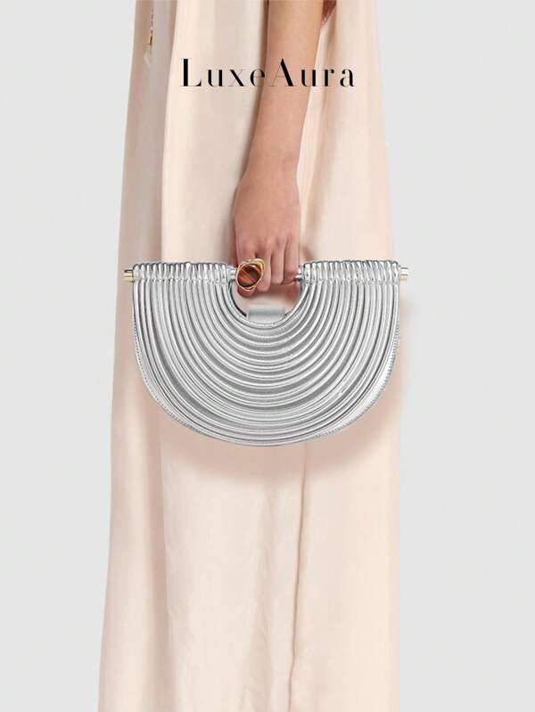 European & American Style Noodle Evening Bag For Women, Elegant Half-Circle Handbag, Vintage Metal Decorative Ruffle Shell-Shaped Luxury Fashion Clutch Purse For Party, Wedding, Bride