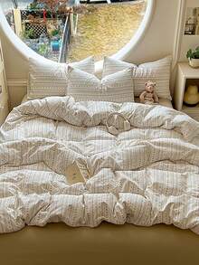 4 件套花卉蝴蝶结床上用品套装（1 * 羽绒被套 + 1 * 床单 + 2 * 枕套），花卉条纹图案，奶油色和米色法国乡村条纹，纯色床单，印花工艺，用途广泛，触感柔软，可机洗，羽绒被套和枕套不带内芯，返校季 - 米色 - 查看 4