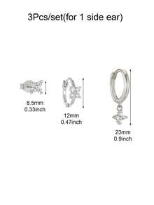 Set de 3 Pares de Aretes para Mujeres, Chapados en Oro con Zirconia, Trébol de Cuatro Hojas, Elegantes, Aretes de Aro y Colgantes, Accesorios de Joyería para Bodas - 3 piezas/juego (para 1 oreja lateral) - Ver 8
