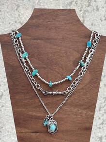 3 piezas de joyas occidentales y campestres con turquesa, collar retro de moda con cactus