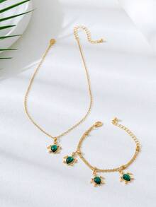 1 件简约绿海龟吊坠项链，休闲夏季海滩度假风格女士项链和手链，适合日常/假日佩戴，百搭夏季珠宝