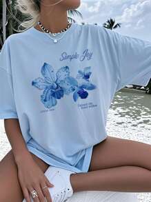 T-shirt col rond à manches courtes bleu clair imprimé décontracté pour jeunes filles, Top d'été