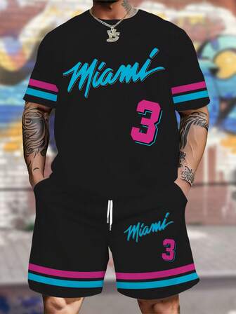 Zero limit 2pcs/Set Plus Size Men's Unique Outdoor Sport Miami Graphic T-Shirt & Shorts Set, Suitable For Casual Wear