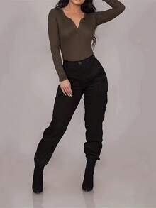Pantalones cargo casuales con cintura elástica, bolsillos y unicolor, pantalones utilitarios versátiles y de moda para mujeres - Negro - Ver 1