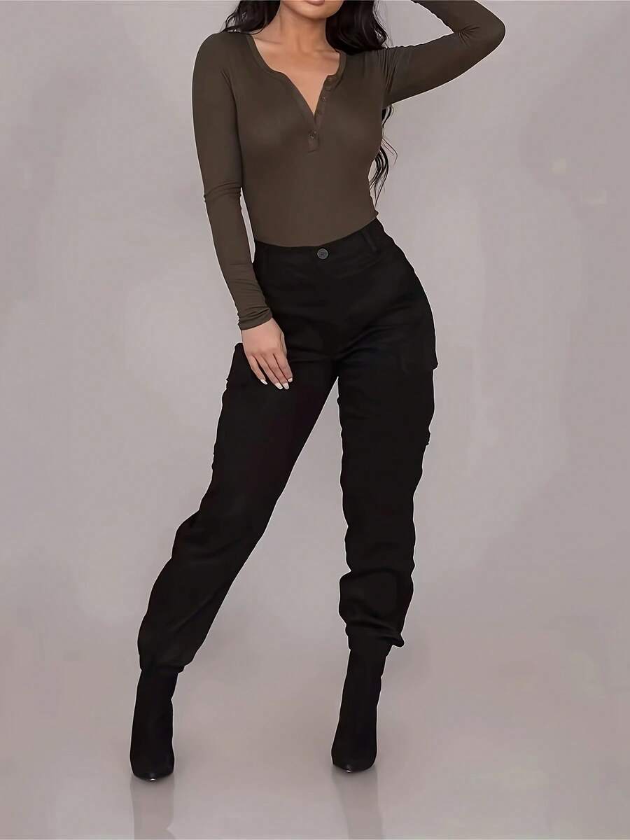 Pantalones cargo casuales con cintura elástica, bolsillos y unicolor, pantalones utilitarios versátiles y de moda para mujeres - Negro - Ver 1
